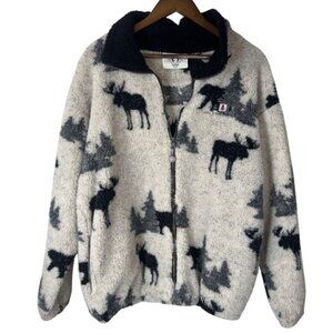 Arctic Image Jacket Mens Large White Black Moose Fleece Sherpa Full Zip Made USA